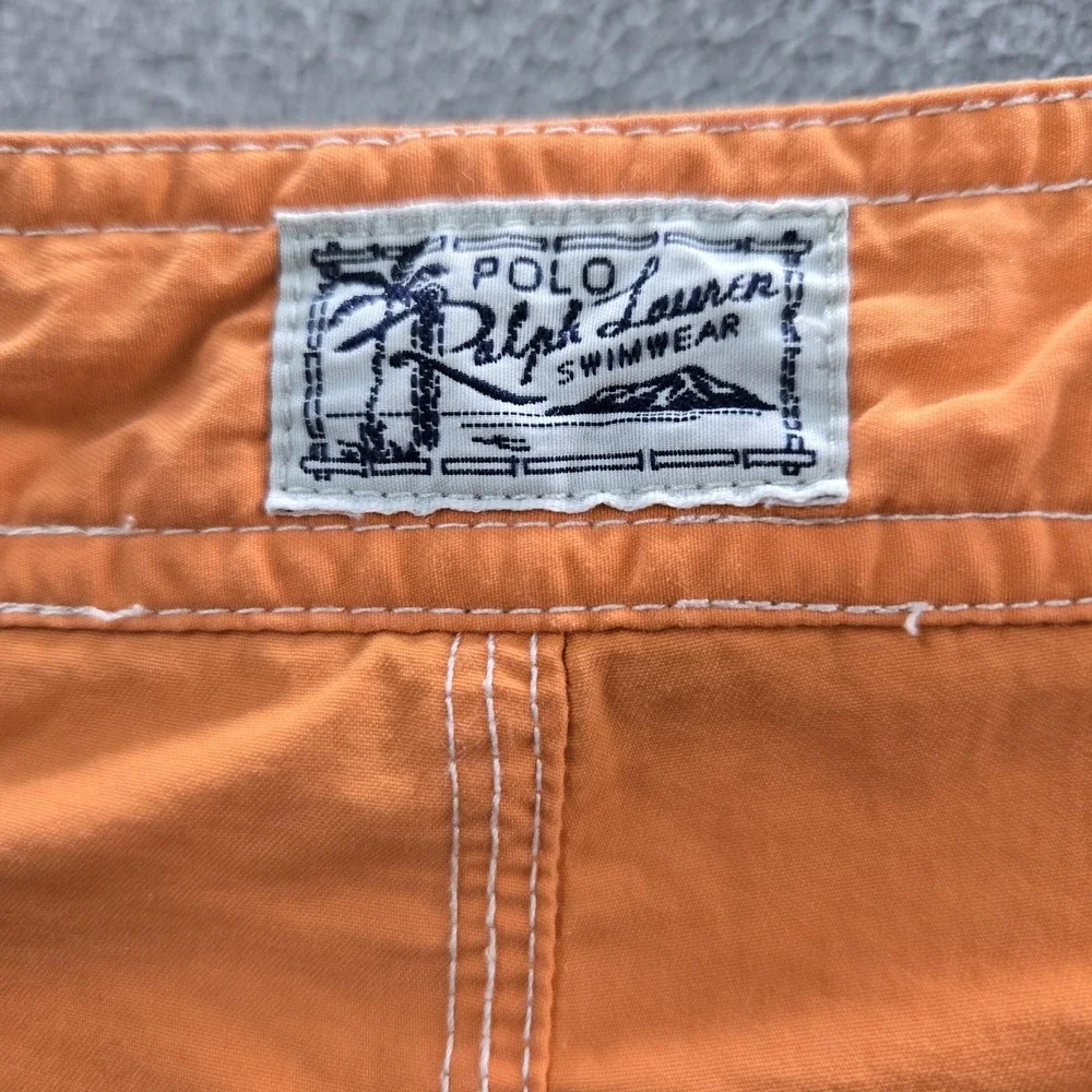 VINTAGE Polo Ralph Lauren Men Swimwear 34 Orange Embroidered Swim Trunks Logo